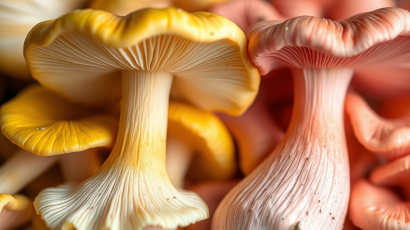 Colorful mushrooms in close-up view. Yellow and Pink