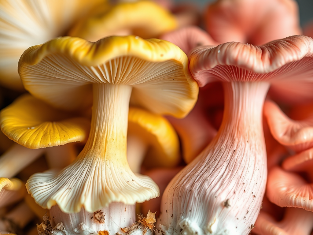 Colorful mushrooms in close-up view. Yellow and Pink